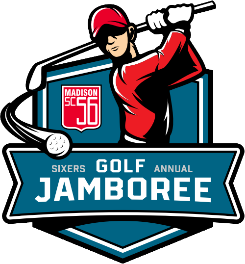 Philadelphia 76ers Golf Jamboree logo with golfer swinging a club and “Madison 56” emblem