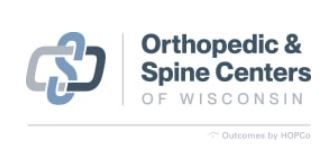 Orthopedic & Spine Centers of Wisconsin logo in blue and gray with linked icon and small Outcomes by HOPCo text