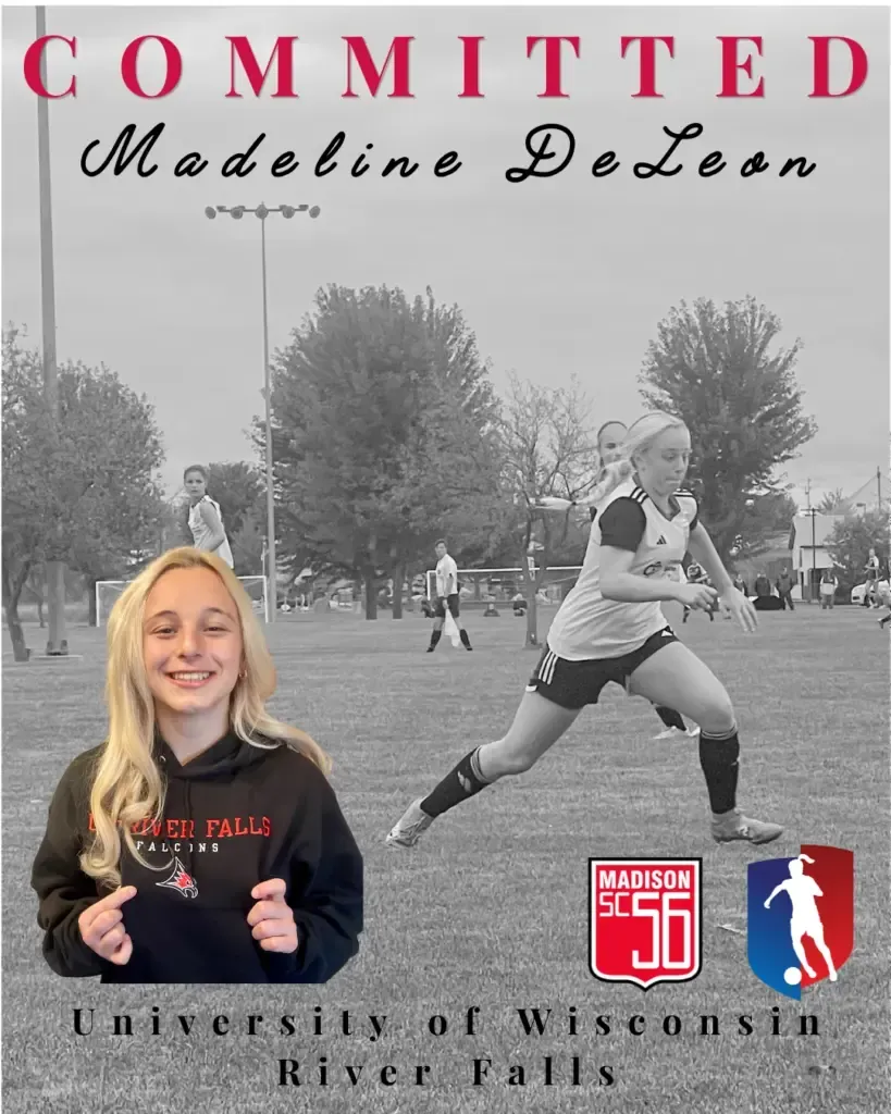 Portrait collage of a soccer player in black uniform, with “Committed” and University of Wisconsin River Falls text.