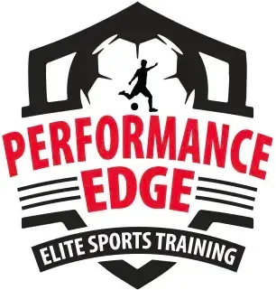 Performance Edge Elite Sports Training logo with red text and black shield silhouette of a running athlete