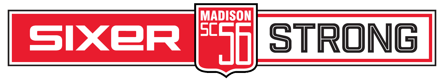 Madison S66 Strong and Sixer logo in red, white, and black banner with shield emblem