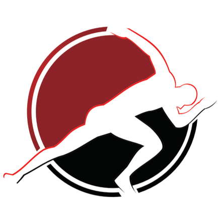 Stylized red, white, and black logo of a runner in motion inside a circular emblem