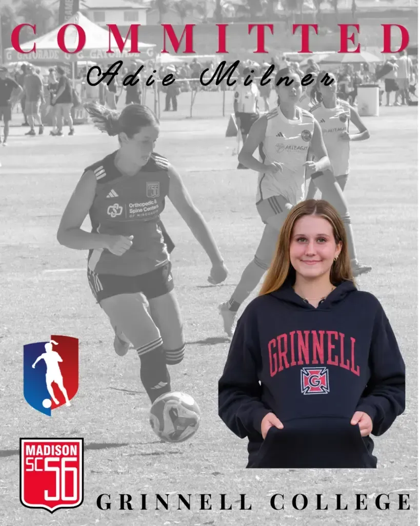 Grinnell College recruiting poster for committed athlete Abby Milner, with a runner and campus logo.