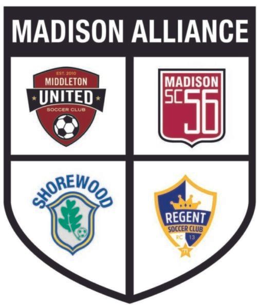 Madison Alliance crest with four youth soccer club logos: Middleton United, Madison 56, Shorewood, and Regent