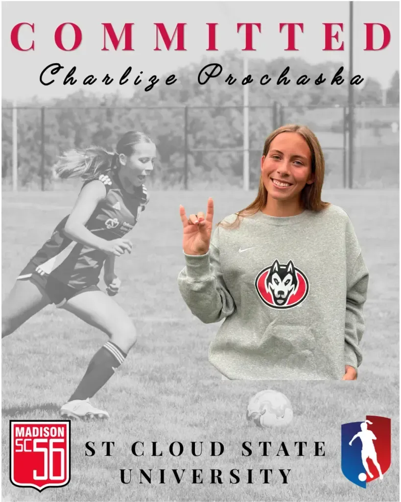 St. Cloud State University commitment graphic with soccer player, grayscale action shot, and red-and-white Huskies logo