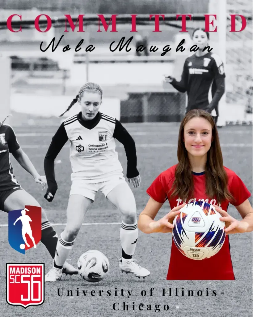 Committed poster for Nola Maughan, showing a soccer player in red and black, holding a ball