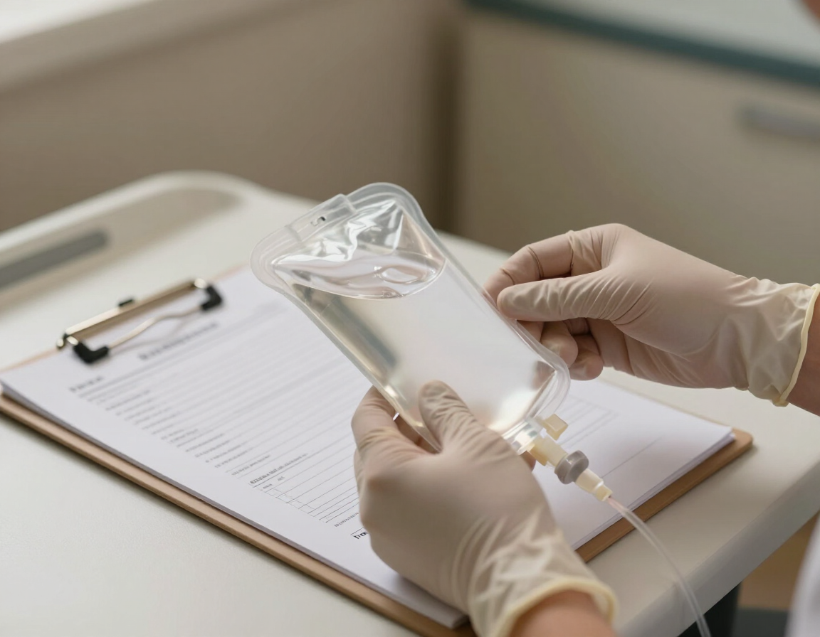 Gloved hands preparing an IV bag and reviewing a client intake form