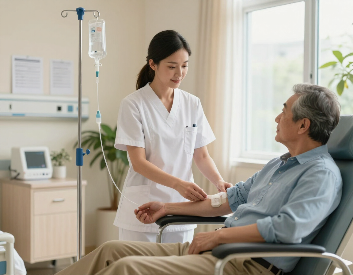 Registered nurse checking an IV line on a seated client