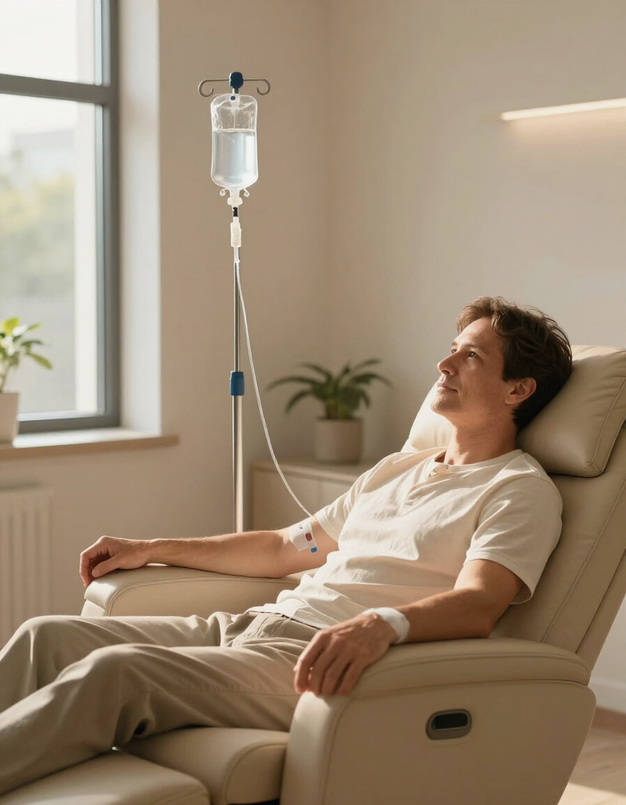 Client relaxing during an IV hydration infusion