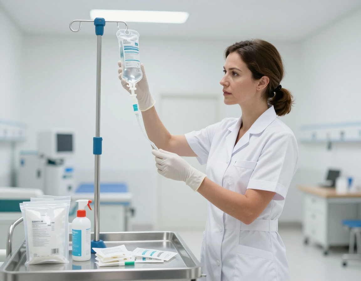Nurse preparing a sterile IV bag at a clean station