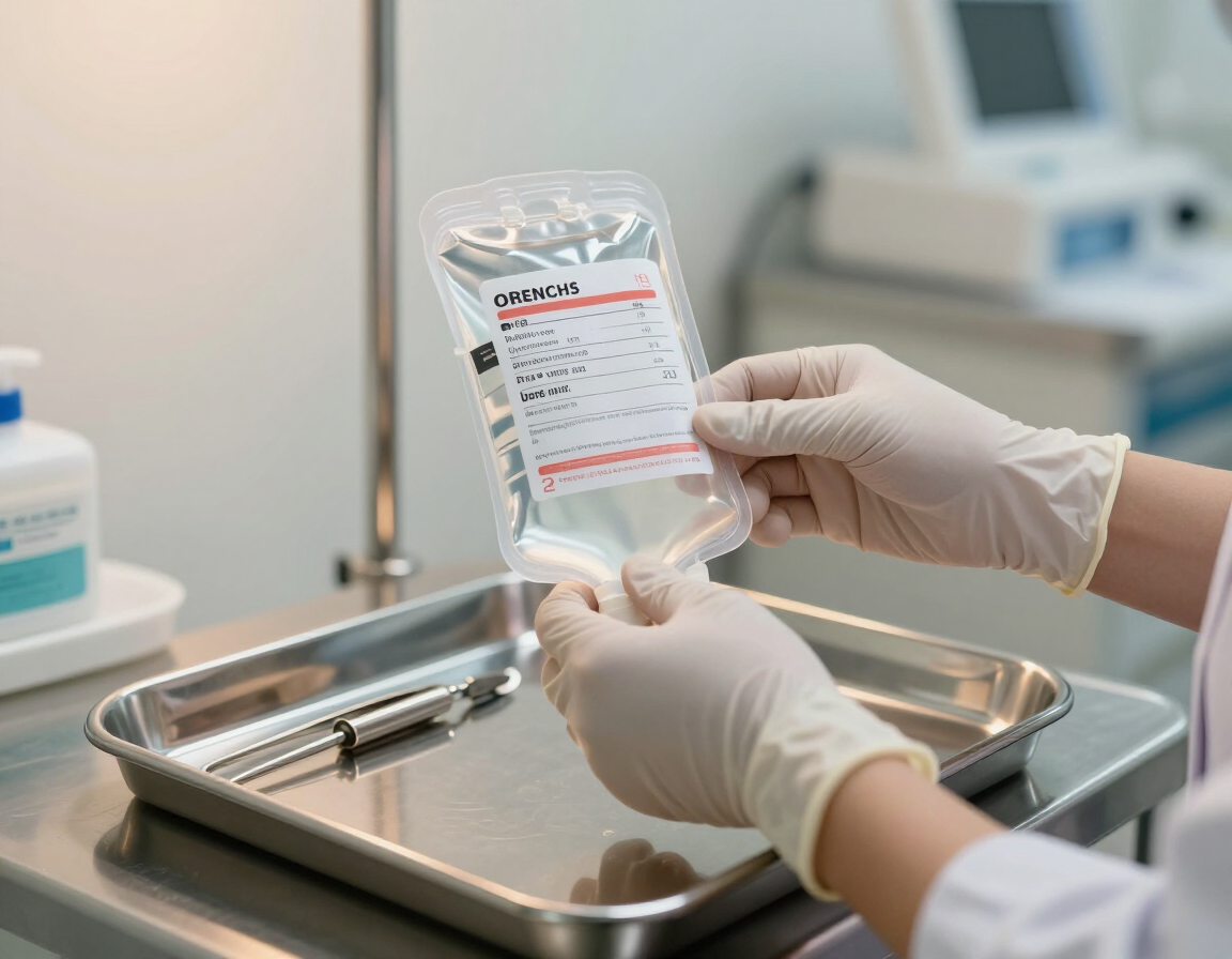 Nurse's hands preparing a labeled IV bag on a sterile tray
