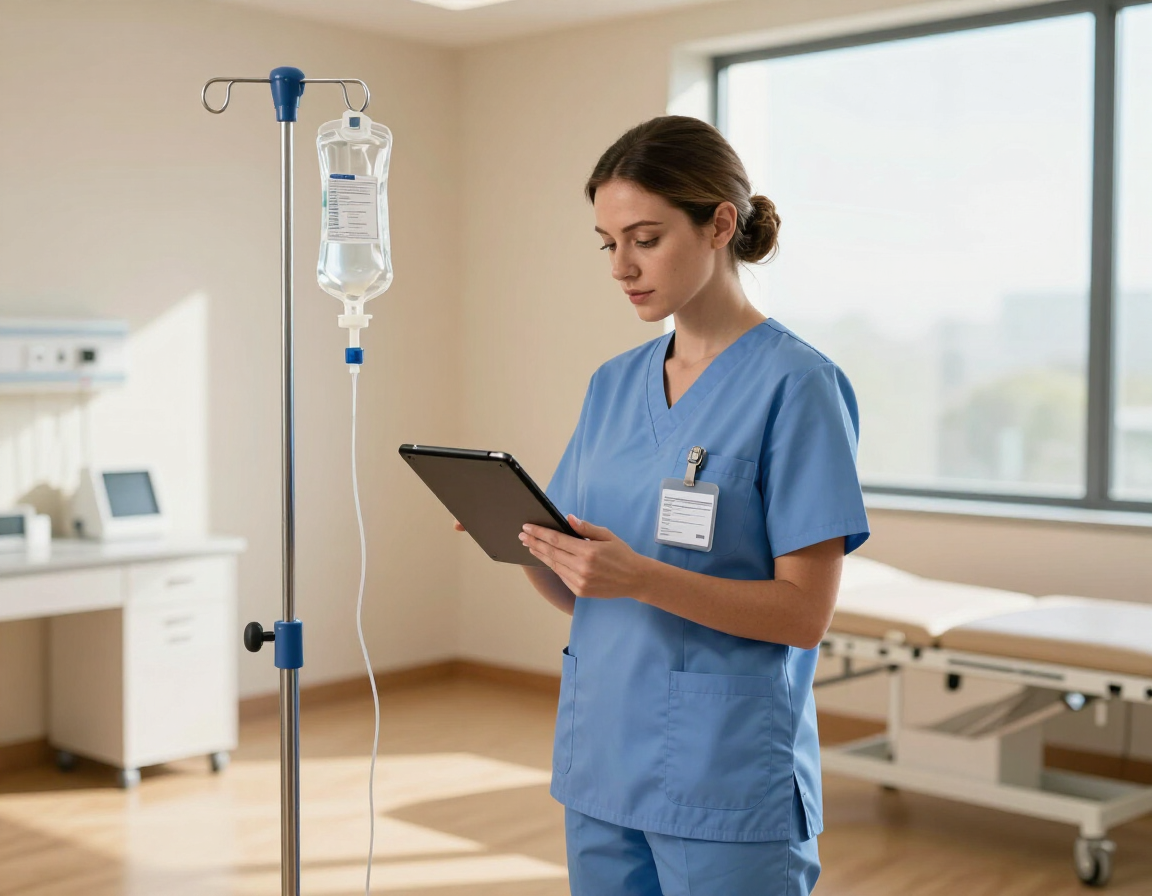 Nurse reviewing a client intake form beside a prepared IV bag