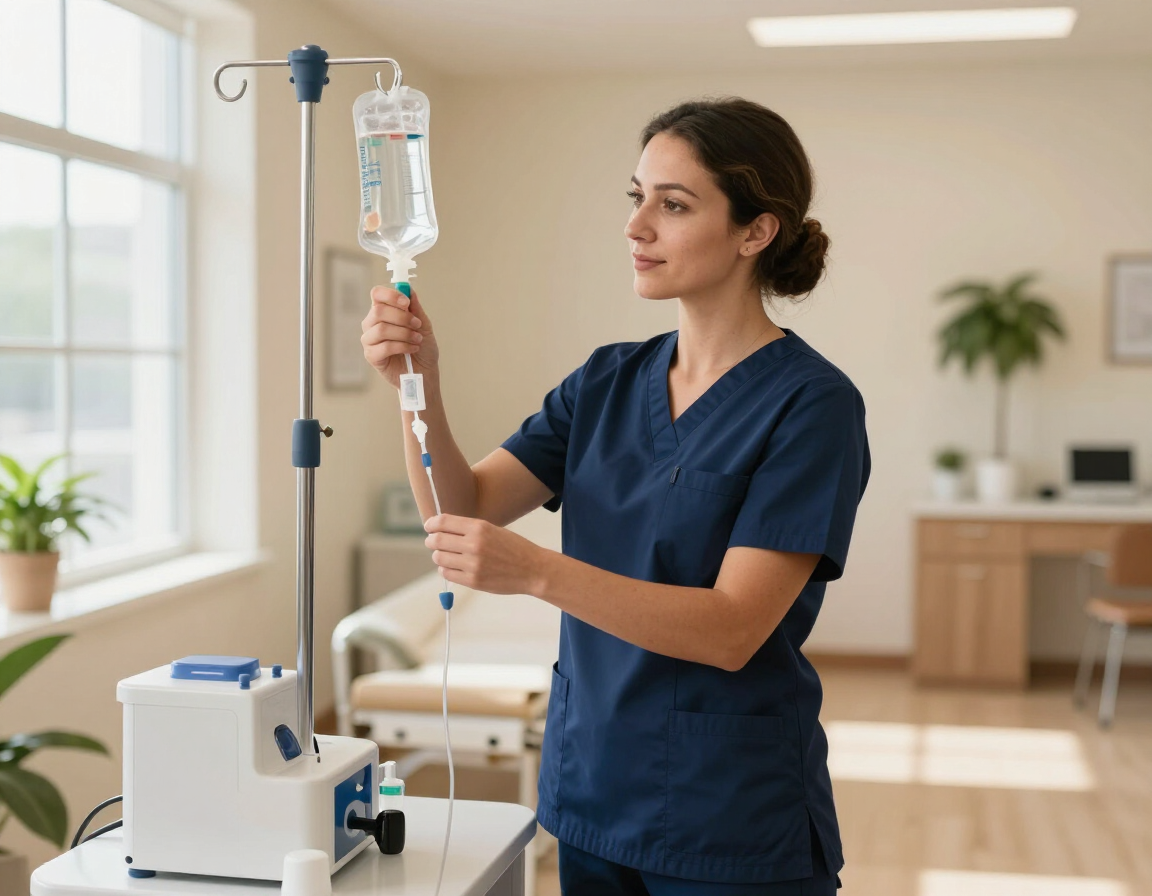 Nurse preparing an IV bag in a warm-toned Oklahoma City clinic