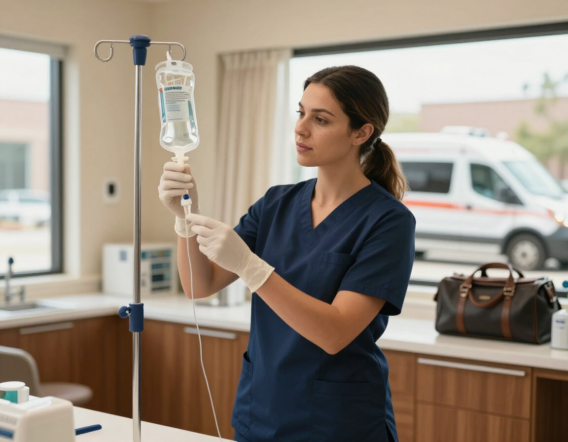 Nurse preparing a hangover IV drip in a warm clinic interior with mobile service bag visible