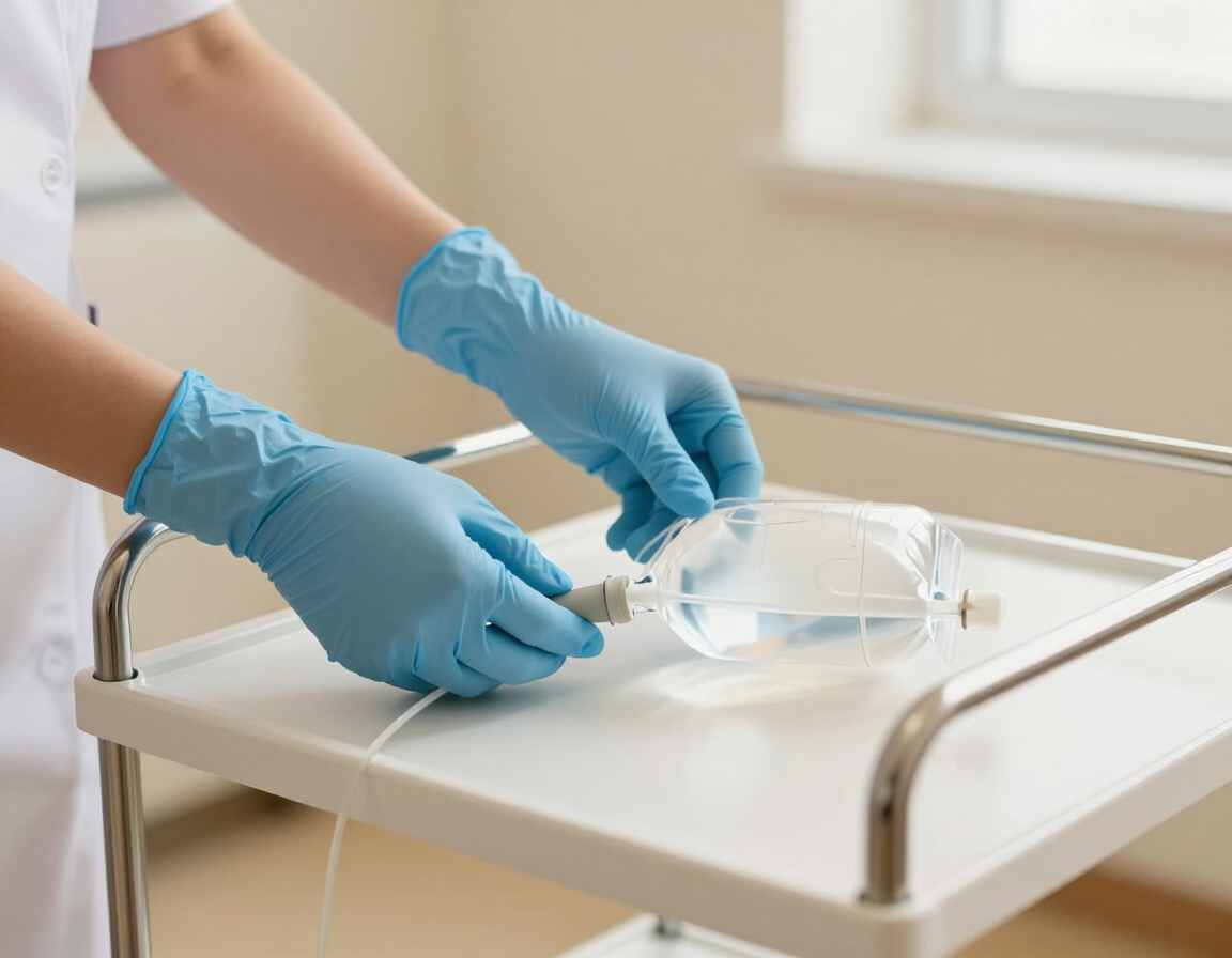 Gloved hands placing a clear face mask on a hospital tray