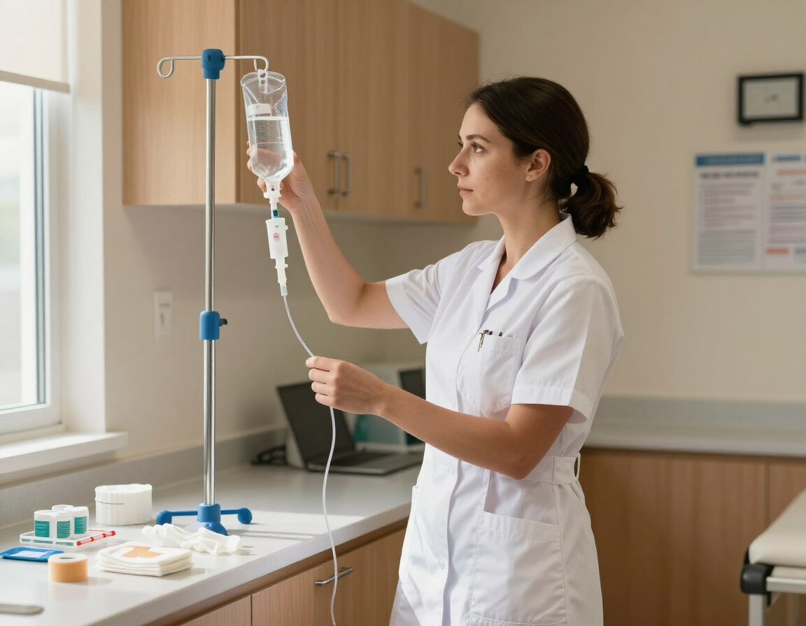 Licensed nurse preparing an IV setup in a clean, warm treatment room