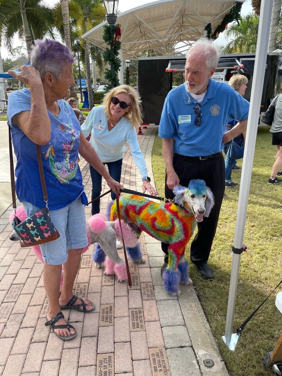 A group of people are standing around a colorful dog on a leash.