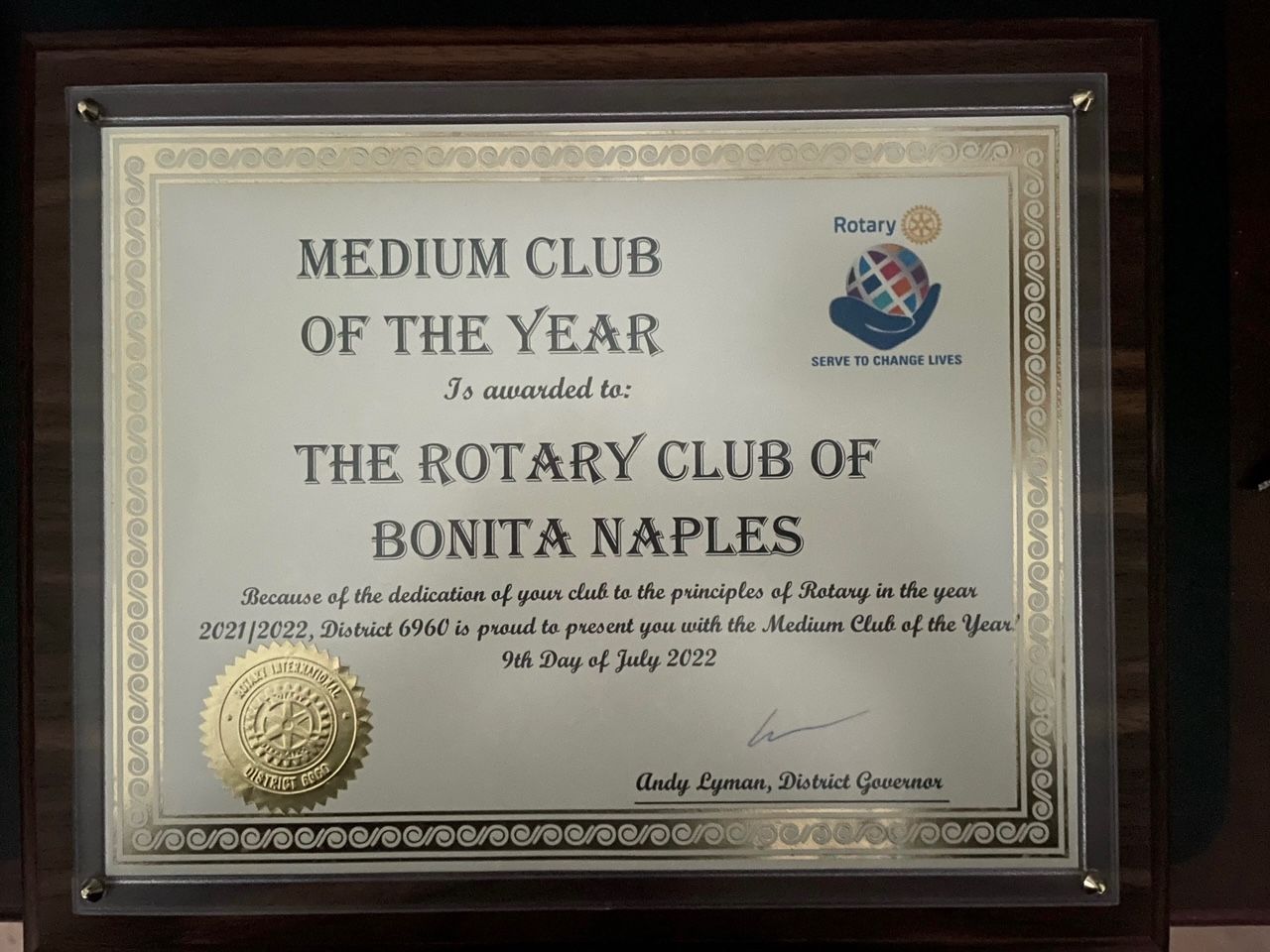A certificate from the rotary club of bonita naples