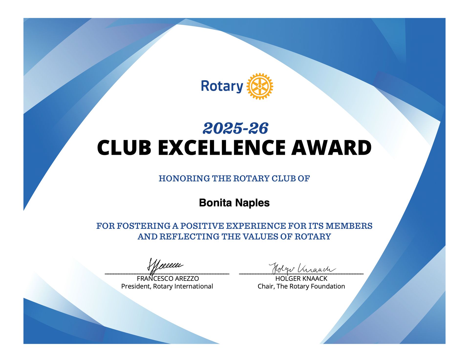 A certificate from the rotary club of bonita naples
