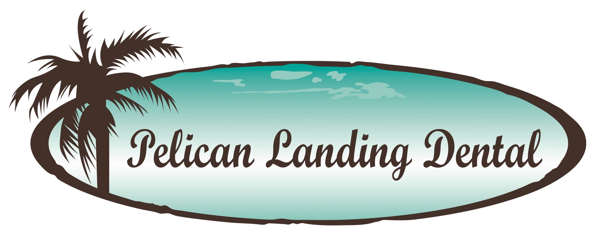 A pelican landing dental logo with a palm tree in the background