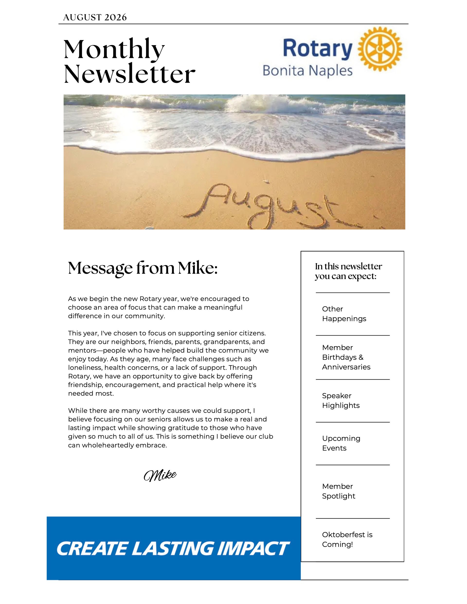 A monthly newsletter from the rotary club of buena naples