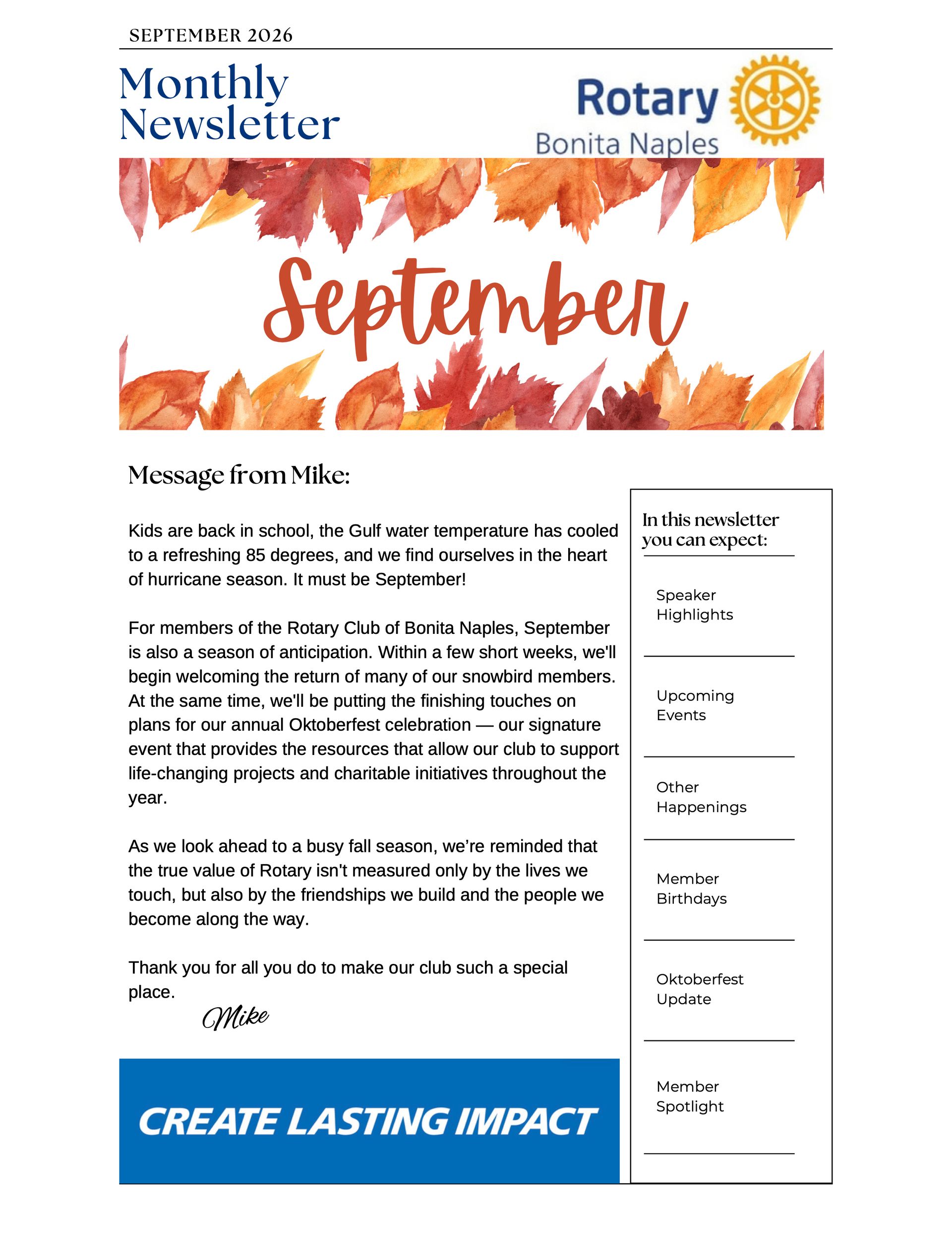 A monthly newsletter from the rotary club of buena naples