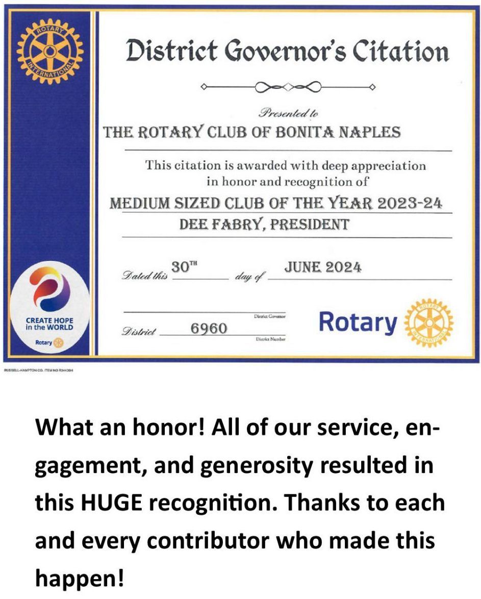 A certificate from the rotary club of bonita naples