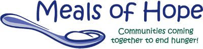The logo for meals of hope shows a spoon and the words communities coming together to end hunger.