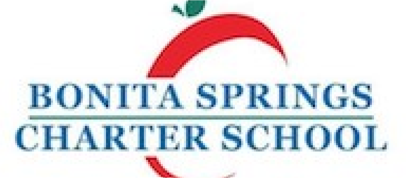 The logo for bonita springs charter school is a red apple with a green leaf on it.