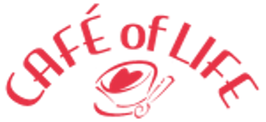 A logo for cafe of life with a cup of coffee and a heart