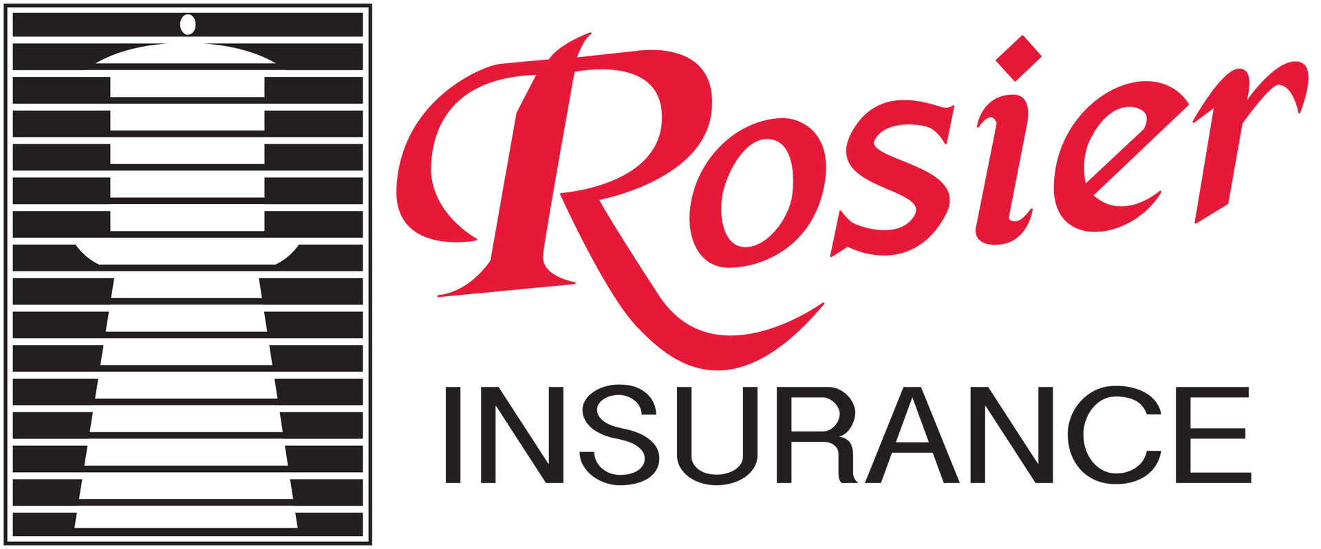 The rosier insurance logo is red and black and looks like a piano keyboard.