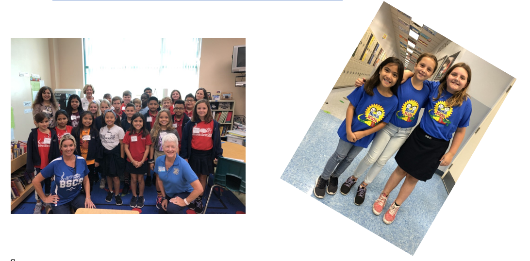 A group of people are posing for a picture in a classroom and three girls are posing for a picture in a hallway.