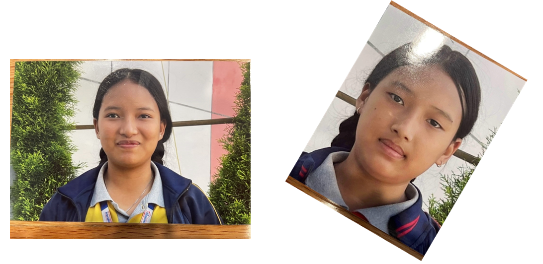 Two pictures of a girl in a school uniform on a white background.