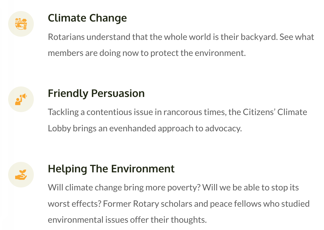 A screenshot of a website about climate change and helping the environment.
