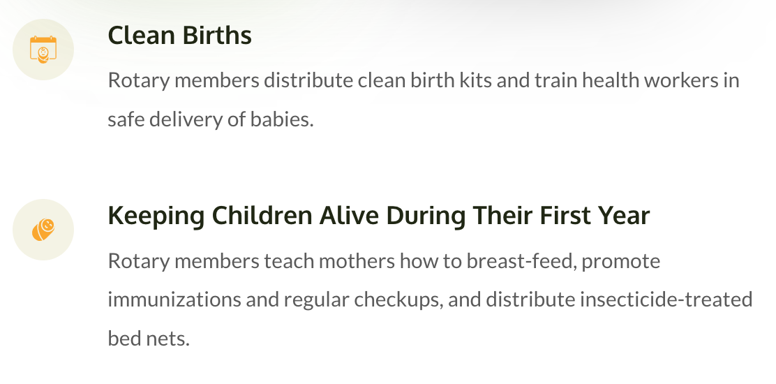 A screenshot of a website that says clean births and keeping children alive during their first year.