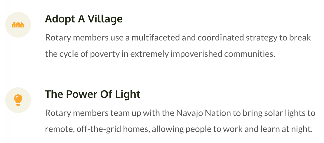 A screenshot of a page that says adopt a village and the power of light.