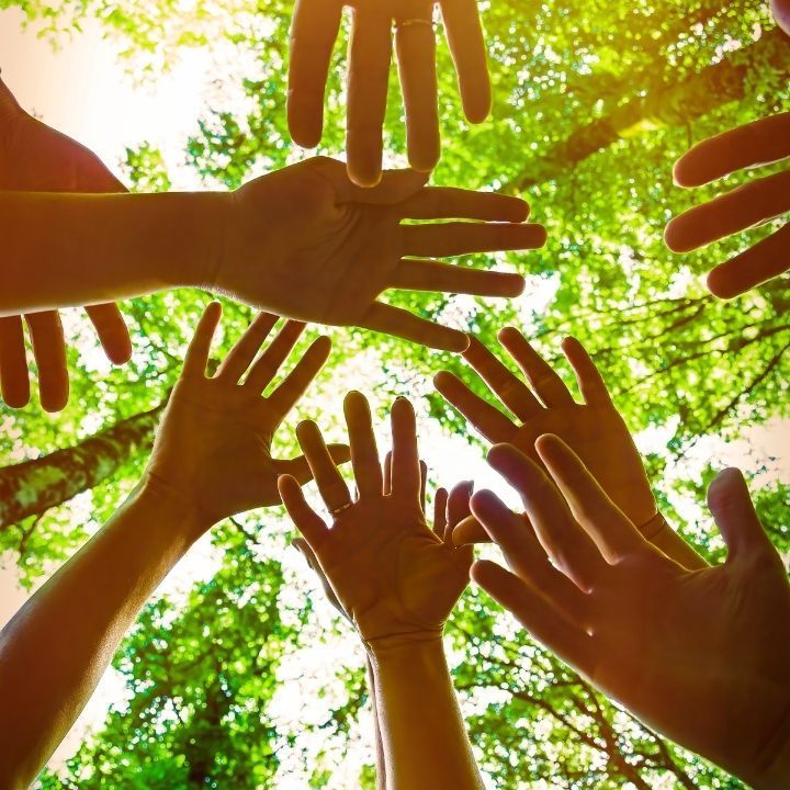 A group of people are putting their hands up in the air