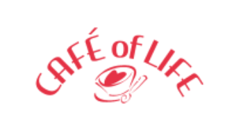 A red logo for cafe of life with a cup of coffee