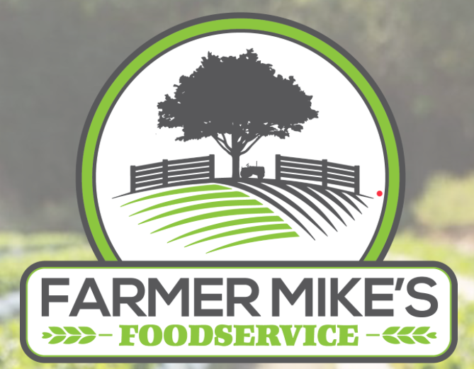 A logo for farmer mike 's foodservice with a tree and fence