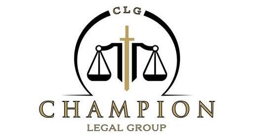 A logo for champion legal group with scales of justice and a cross