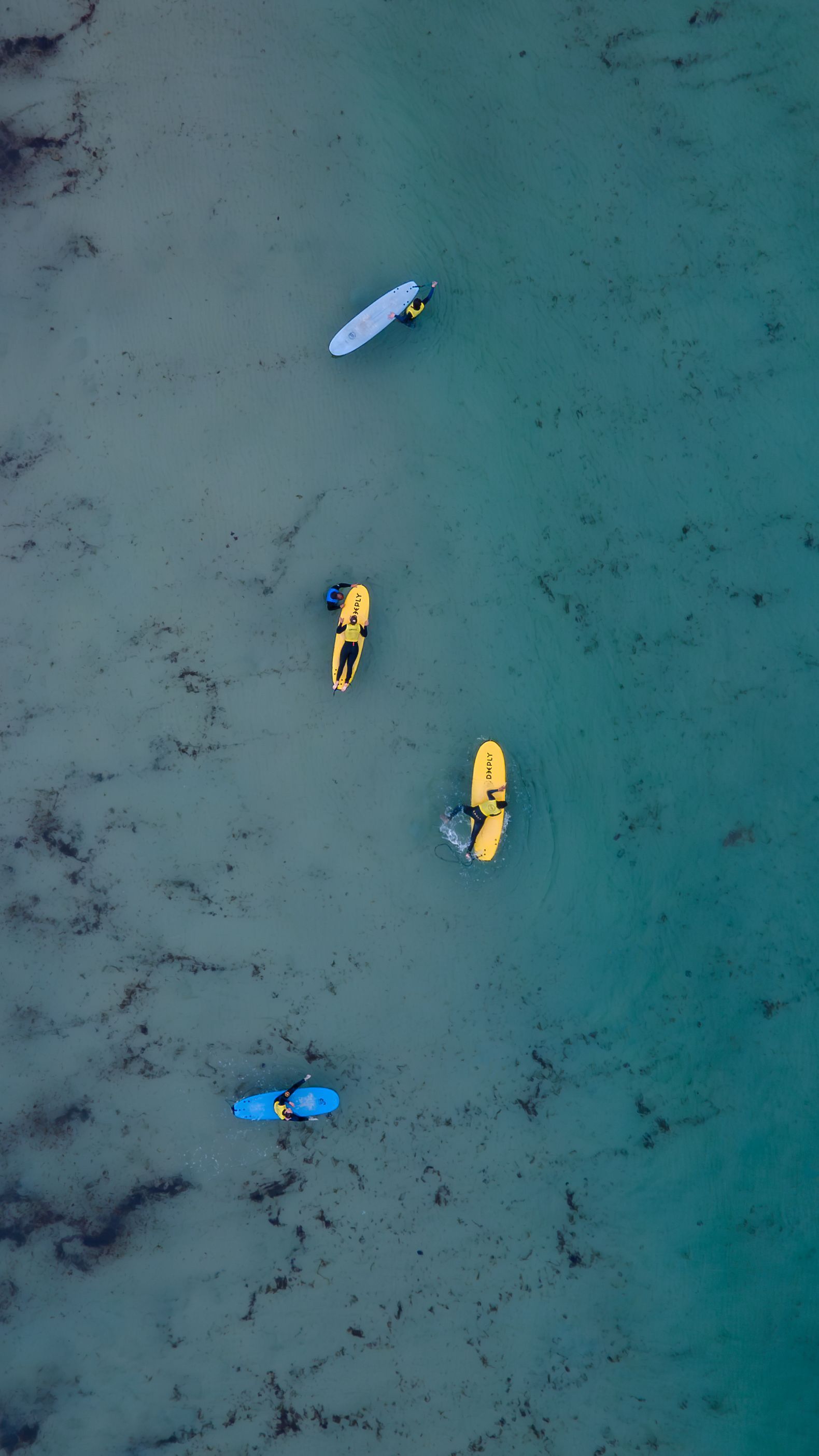 Kayaks and a paddleboard float in turquoise water.