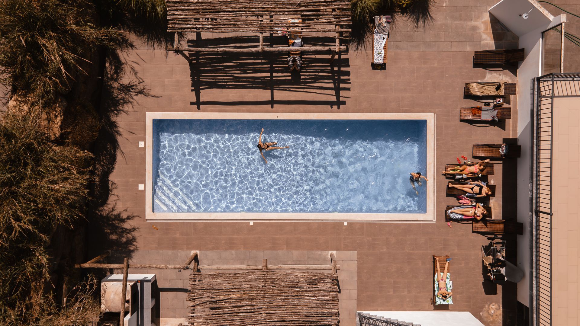 Overhead view of rectangular pool with people swimming and sunbathing; sunbeds, pergola, and foliage surround.