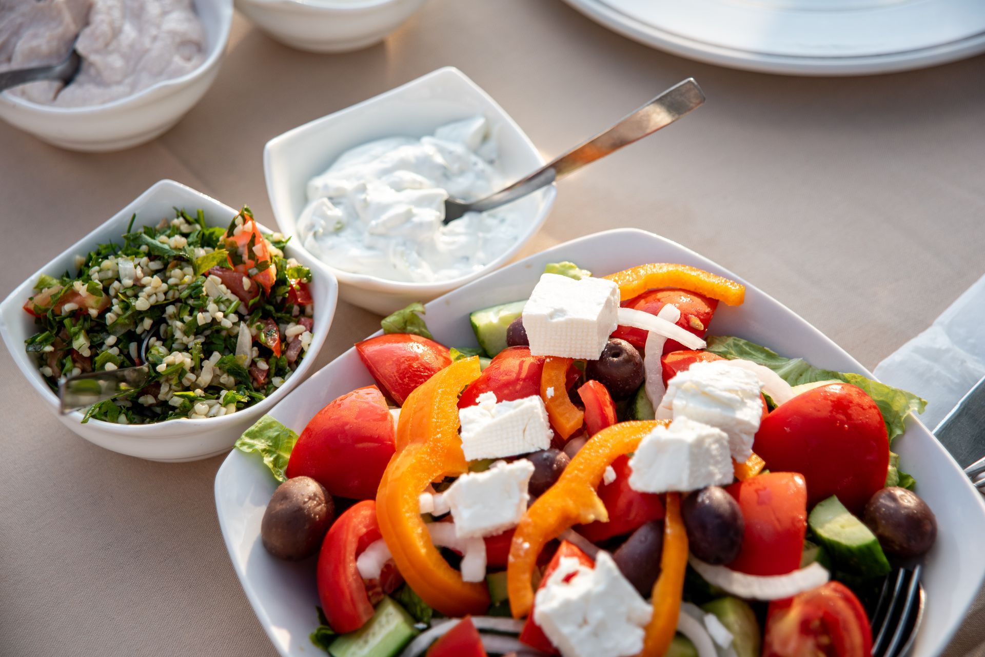 Greek salad with feta, tomatoes, olives, cucumbers, and onions, with sides of tabbouleh and white sauce.