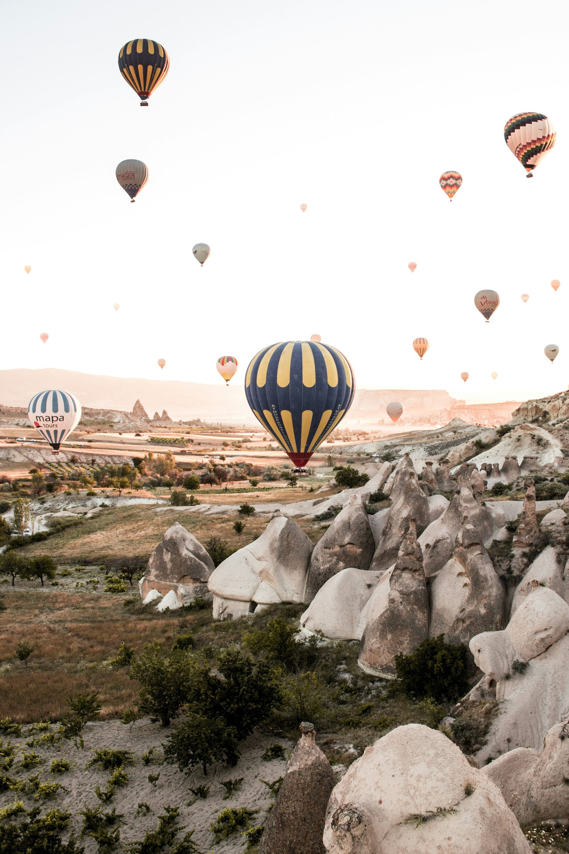 Hot air balloons fill the sky over a rocky landscape at sunrise.