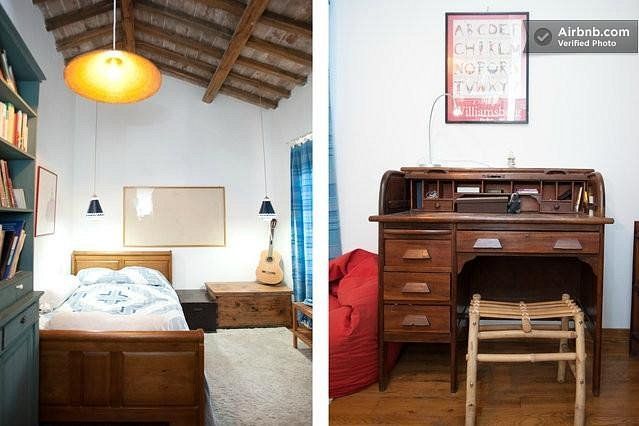 Two interior room views: a bedroom with a bed and a desk area with a wooden desk and chair.
