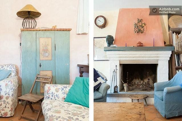 Two living room scenes: one with a turquoise cabinet and floral sofa, the other with a fireplace and blue armchair.