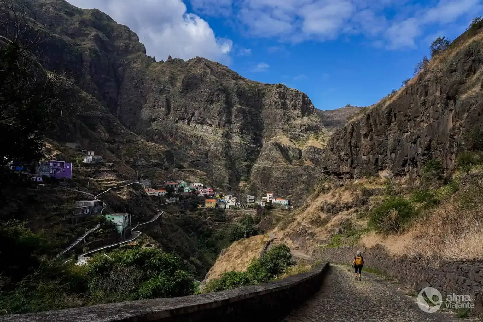 Narrow canyon with a trail leading to a small village with colorful houses, person walking, blue sky.