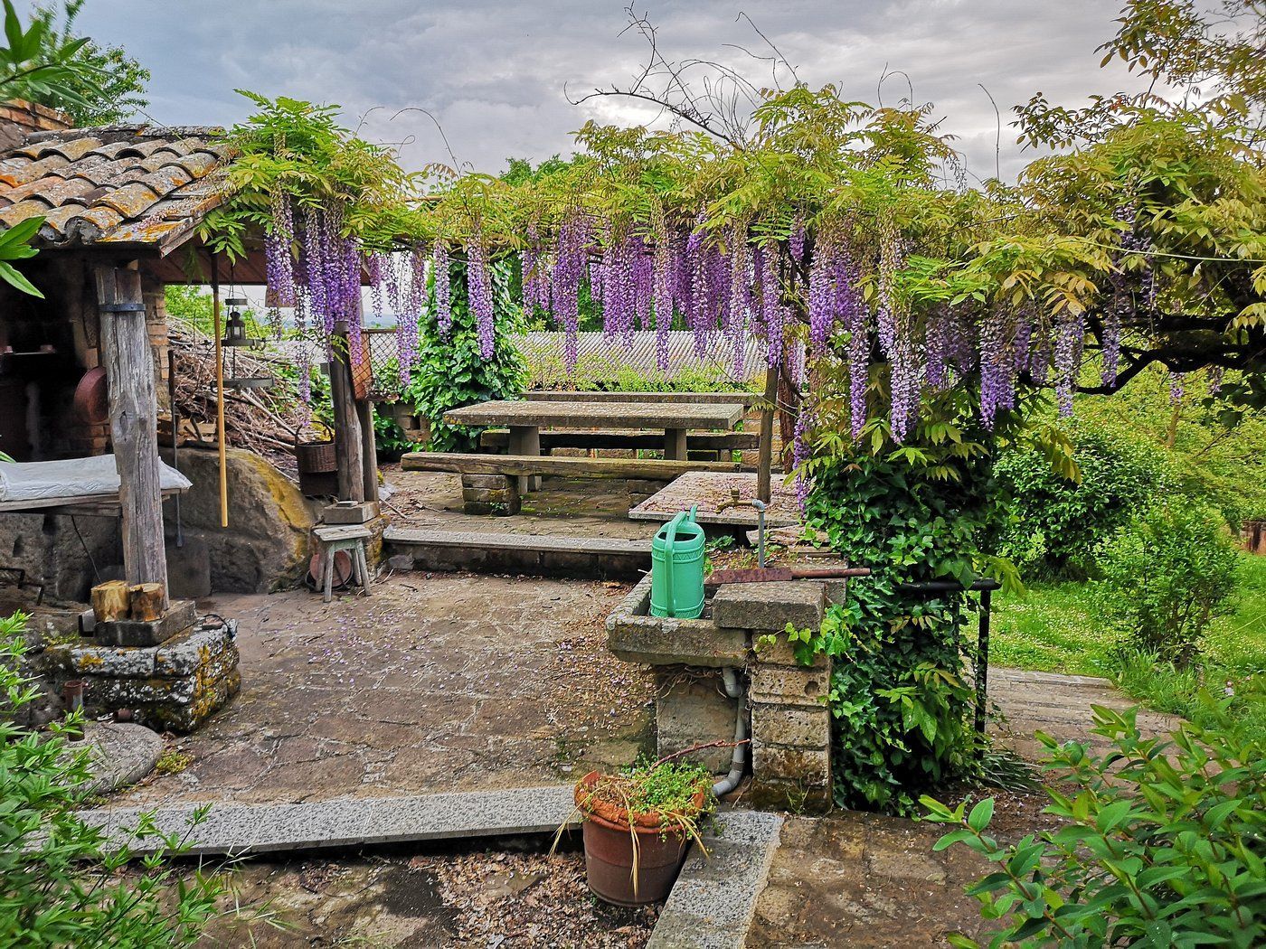 Stone patio with wisteria-covered pergola, steps leading to a bench, and a well.