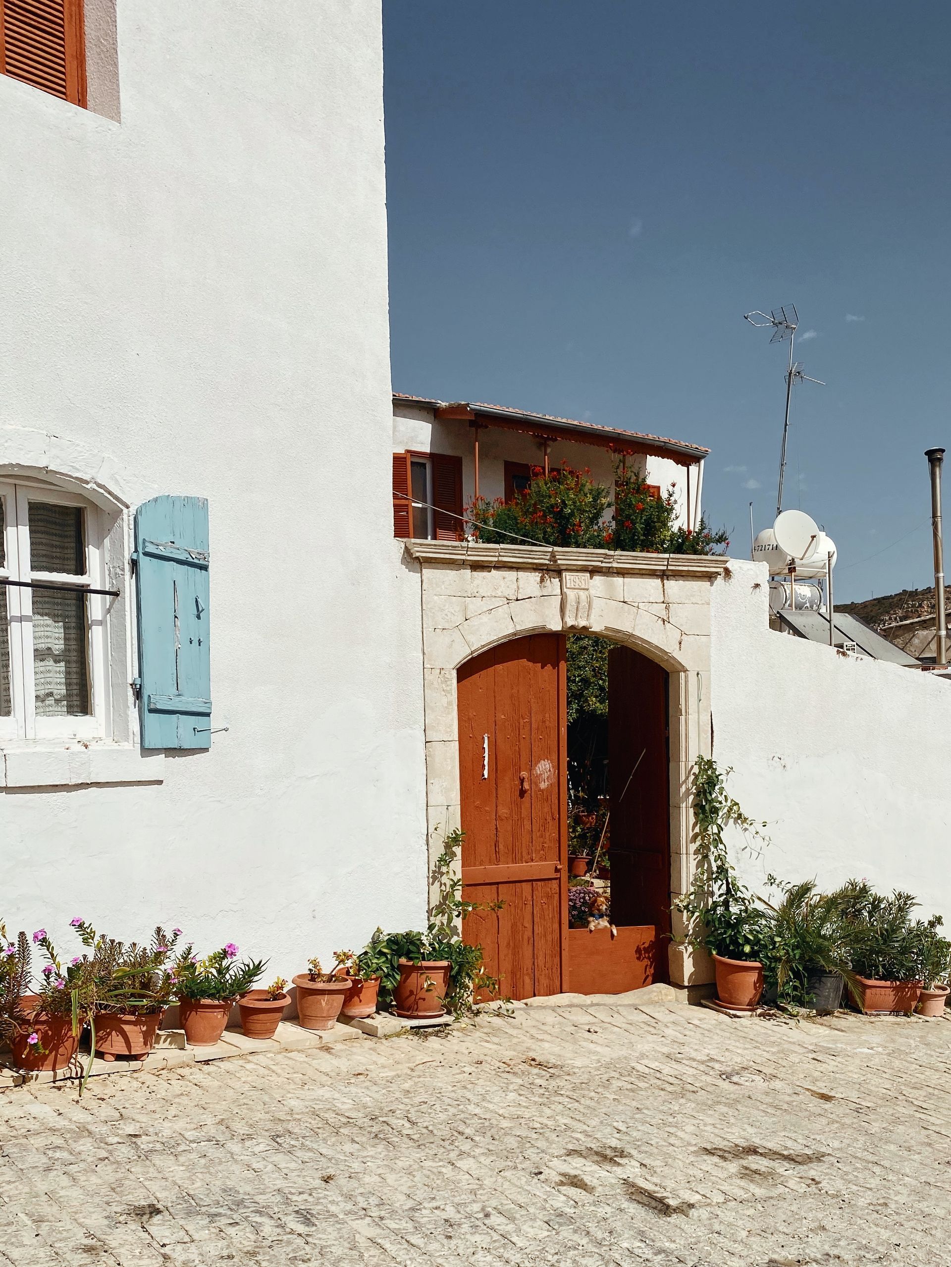 White building with orange door, blue shutters, potted plants, and clear sky.