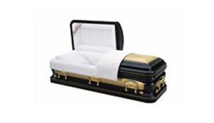Open casket with white lining and black-and-gold exterior on a white background